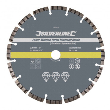 Disque diamant soudé au laser turbo 230 x 22,23 mm à bordure segmentée crénelée